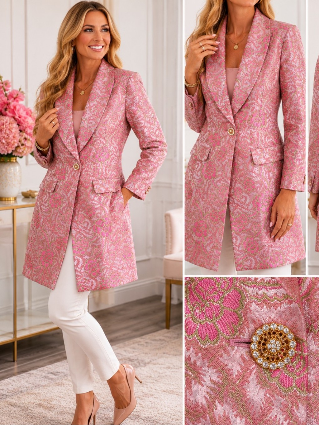 Terramina Pink Floral Brocade Longline Blazer Jacket Size 14 Statement Coat